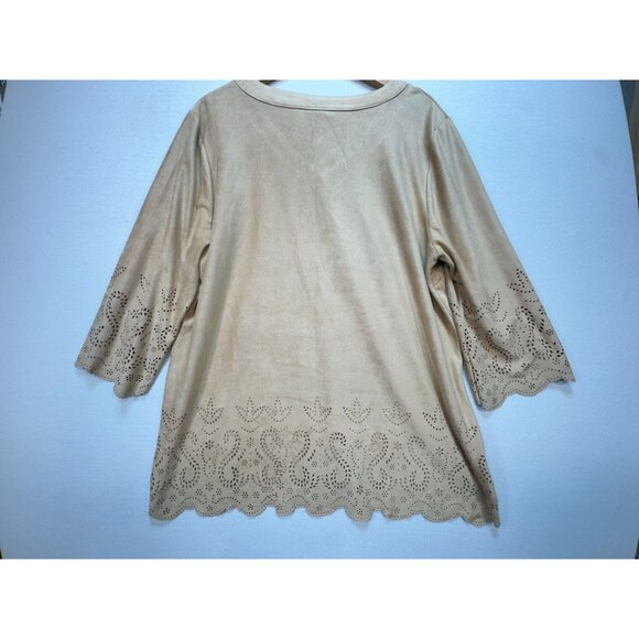 Chico's Women's V Neck Tunic Top Long Sleeve Stretch Faux Suede Paisley Sz 3 Tan - Picture 9 of 12